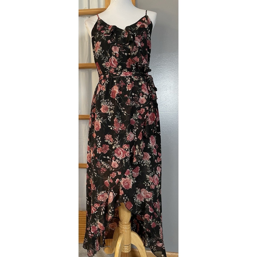Xhilaration Faux Wrap Floral Dress Sz M Black Pink High Low Ruffles Boho Cottage